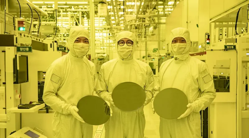 Tres trabajadores sostienen obleas de silicio en una sala de producción de semiconductores, destacando la demanda de chips para IA.