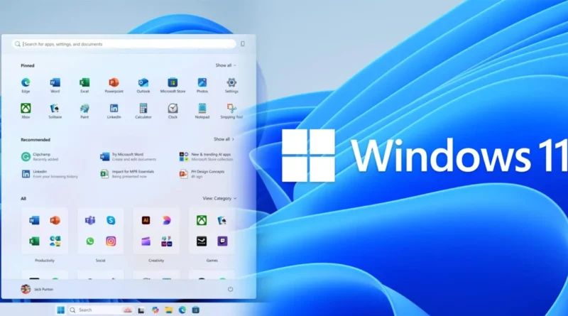 Menú de inicio de Windows 11 mostrando aplicaciones ancladas y recomendadas, con el logotipo de Windows a la derecha.