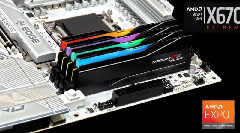 Placa base X670E con módulos de memoria Trident Z5, resaltando la compatibilidad con AMD EXPO para latencia ultra baja.