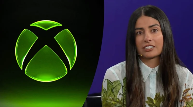 Logotipo de Xbox en verde junto a una mujer hablando sobre el aumento del costo de almacenamiento en los videojuegos.