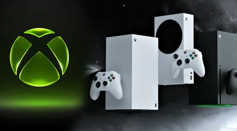 Consolas Xbox Series X y Series S en colores negro y blanco, con controladores, destacando el logo de Xbox.