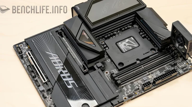 Placa base AORUS con triple conector EPS, diseñada en negro y plata, mostrando un socket central y ranuras para memoria.