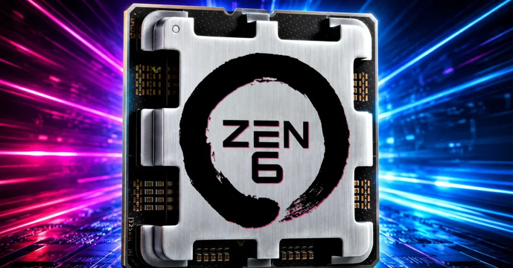 Procesador AMD Zen 6 con diseño futurista y logo destacado, representando avances en tecnología de hardware.