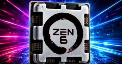 Procesador AMD Zen 6 con diseño futurista y logo destacado, representando avances en tecnología de hardware.