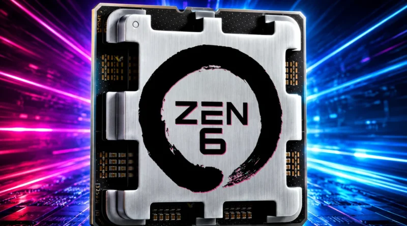 Procesador AMD Zen 6 con diseño futurista y logo destacado, representando avances en tecnología de hardware.