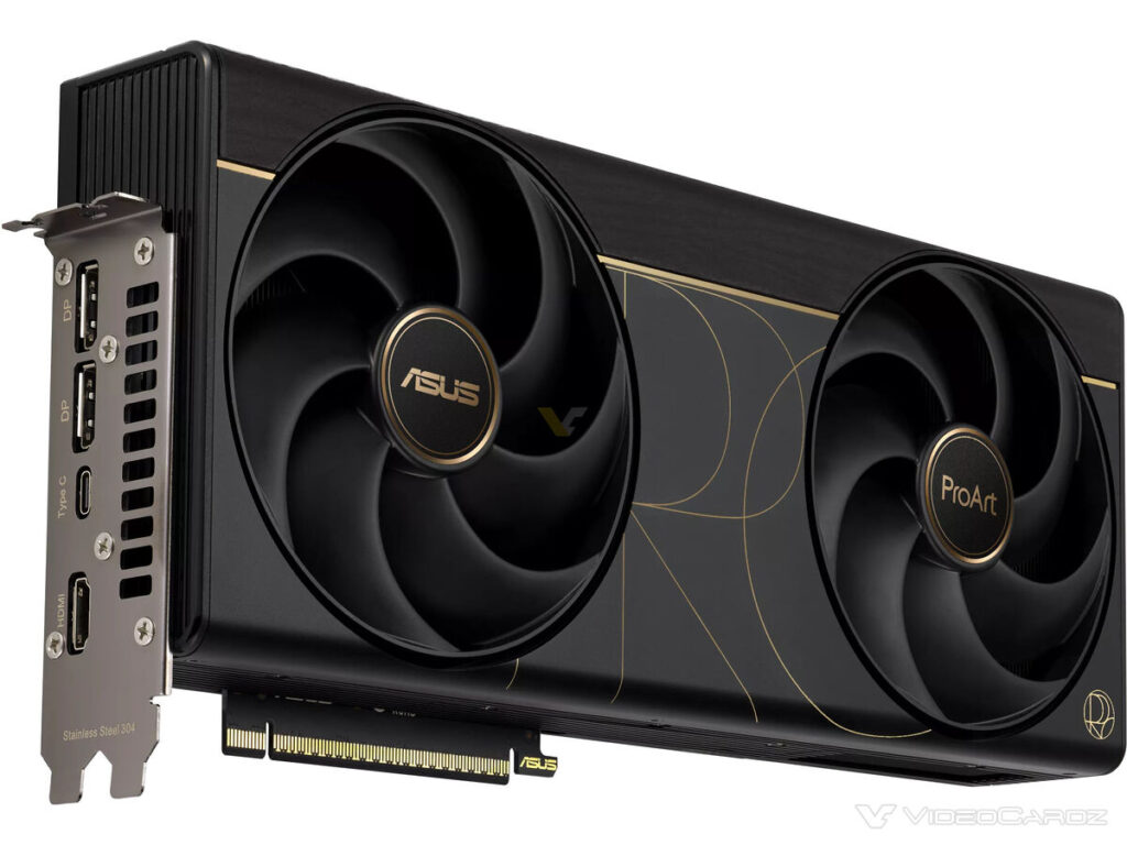 ProArt GeForce RTX 5090 de ASUS con diseño elegante y ventiladores, destacando conectores para monitores.