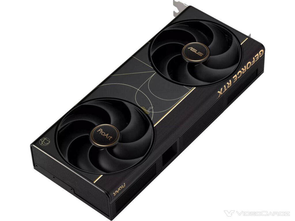 ProArt GeForce RTX 5090 de ASUS, destacando su diseño elegante y ventiladores duales, enfocada en rendimiento gráfico.