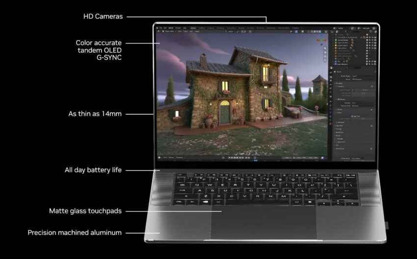 Laptop elegante con pantalla OLED mostrando una casa 3D. Etiquetas de características como cámaras HD y acabado de aluminio.