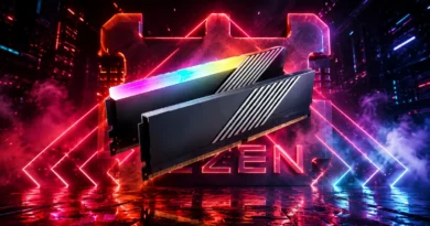 Memoria RAM de alto rendimiento con iluminación RGB, destacando el logotipo de Ryzen en un fondo tecnológico.