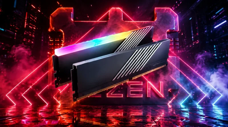 Memoria RAM de alto rendimiento con iluminación RGB, destacando el logotipo de Ryzen en un fondo tecnológico.
