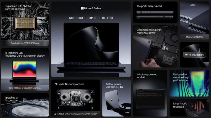 Portátil Microsoft Surface Laptop Ultra sobre un fondo oscuro, con detalles sobre su pantalla, rendimiento y características técnicas.