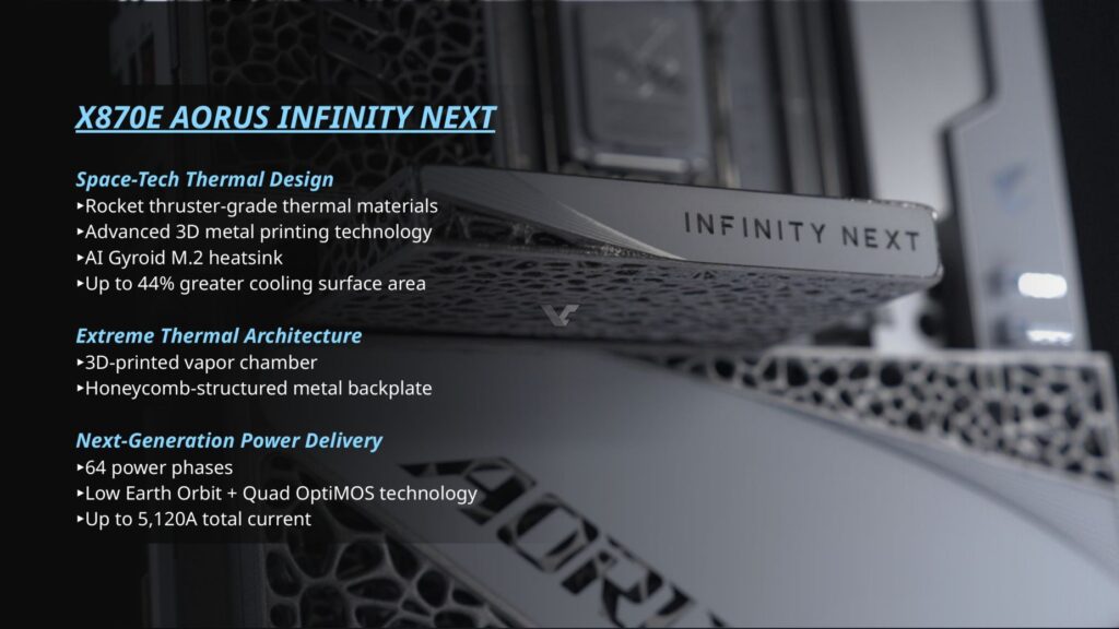 Placa madre X870E AORUS INFINITY NEXT con diseño técnico, colores en tonos oscuros y detalles en blanco. Texto informativo visible.