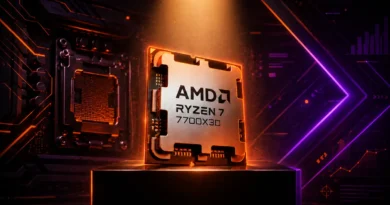 Procesador AMD Ryzen 7 7700X3D en un entorno futurista con luces y circuitos, destacando su diseño y potencia tecnológica.