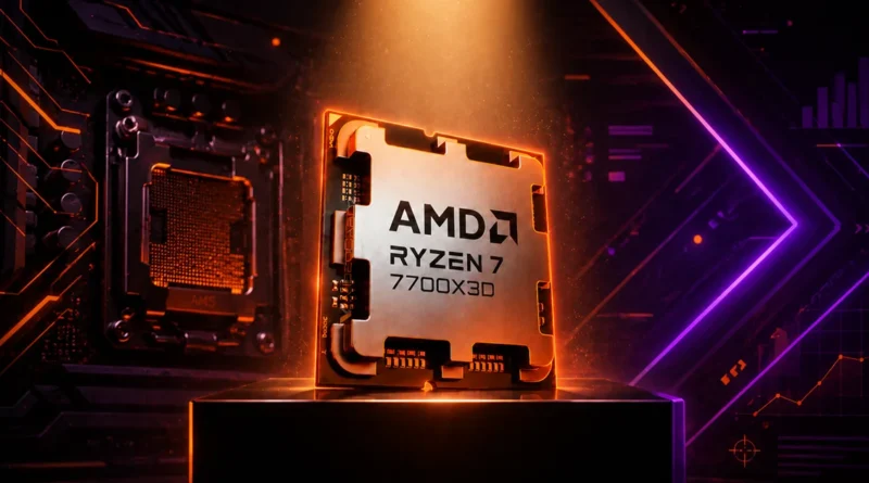 Procesador AMD Ryzen 7 7700X3D en un entorno futurista con luces y circuitos, destacando su diseño y potencia tecnológica.