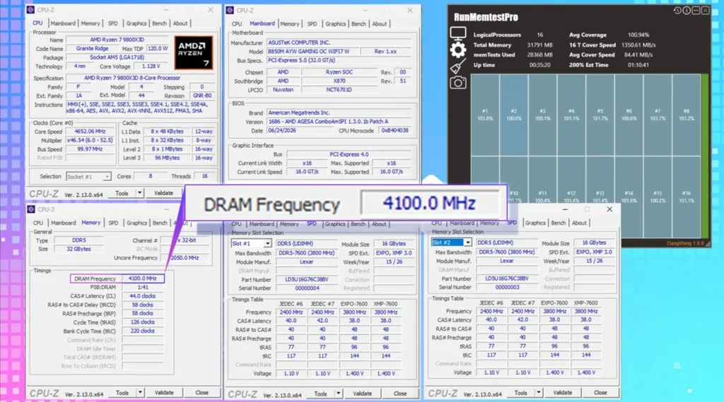 Informes de rendimiento de hardware que muestran frecuencias de DRAM a 4100 MHz y especificaciones de CPU y GPU.