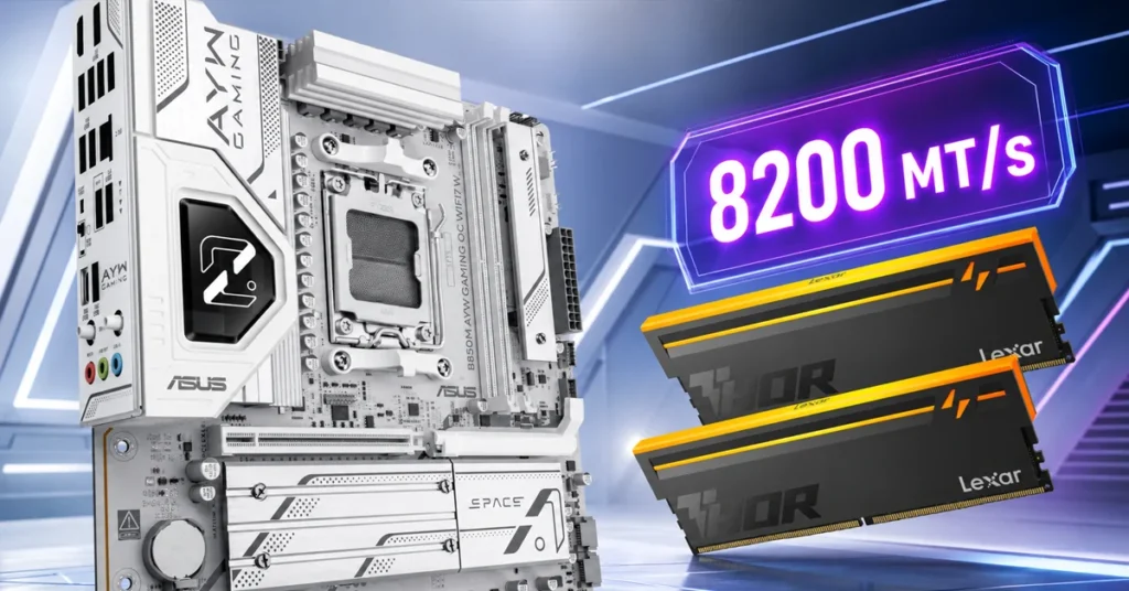 Placa base ASUS B850 y módulos de memoria DDR5 Lexar mostrando velocidad de 8200 MT/s.