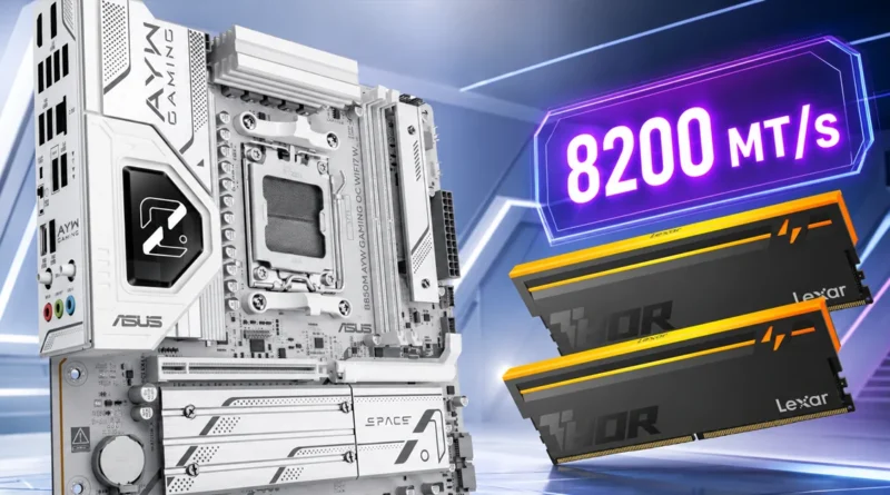 Placa base ASUS B850 y módulos de memoria DDR5 Lexar mostrando velocidad de 8200 MT/s.