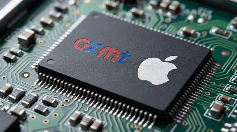 Chip de memoria DRAM de CXMT con el logo de Apple, ilustrando la nueva estrategia de hardware en el mercado global.
