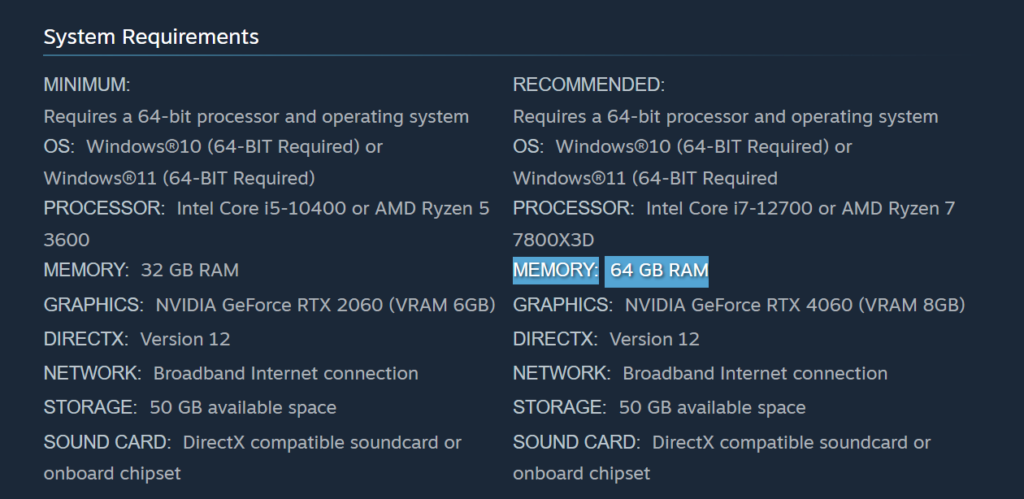 Requisitos del sistema para jugar, incluyendo procesadores, memoria recomendada de 64 GB RAM y tarjetas gráficas requeridas.