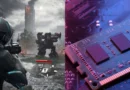 Personaje jugando en un videojuego de ciencia ficción frente a un robot gigante, con tecnología de RAM destacada en segundo plano.