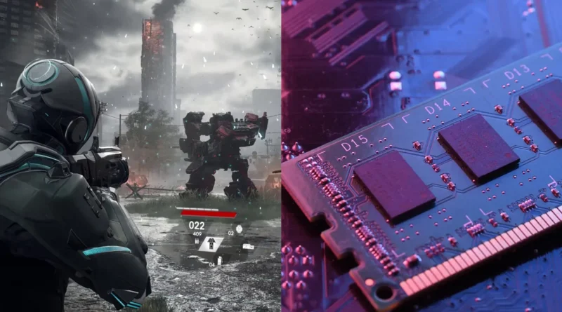 Personaje jugando en un videojuego de ciencia ficción frente a un robot gigante, con tecnología de RAM destacada en segundo plano.