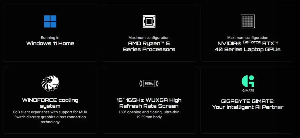 Laptops EAGLE de Gigabyte con procesadores AMD Ryzen 5 y GPUs NVIDIA GeForce RTX 40 Series, pantalla de 16" y 165Hz.