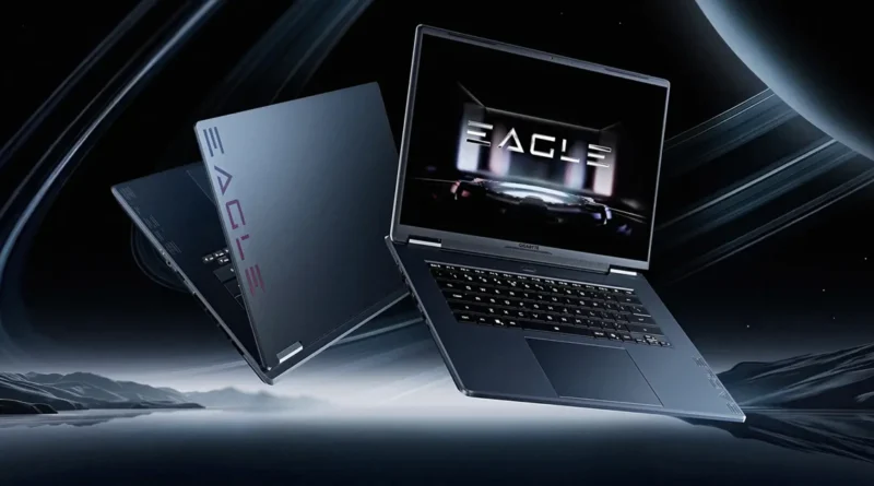 Laptops EAGLE de Gigabyte con opciones de GPU GeForce RTX 3050 y 4050, frente a un fondo espacial futurista.