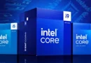 Cajitas de procesadores Intel Core de 14ª generación, incluyendo i5, i7 e i9, sobre fondo azul tecnológico.