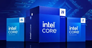 Cajitas de procesadores Intel Core de 14ª generación, incluyendo i5, i7 e i9, sobre fondo azul tecnológico.