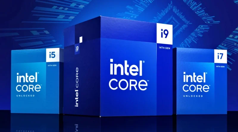 Cajitas de procesadores Intel Core de 14ª generación, incluyendo i5, i7 e i9, sobre fondo azul tecnológico.