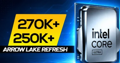 Procesador Intel Core Ultra con texto "Arrow Lake Refresh" y cifras 270K+ y 250K+ destacadas.