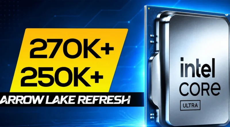 Procesador Intel Core Ultra con texto "Arrow Lake Refresh" y cifras 270K+ y 250K+ destacadas.