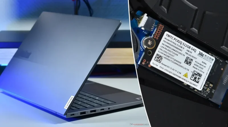 Lenovo ThinkBook 14 G9 IPL, destacando la unidad YMTC SSD de 512 GB en su interior.