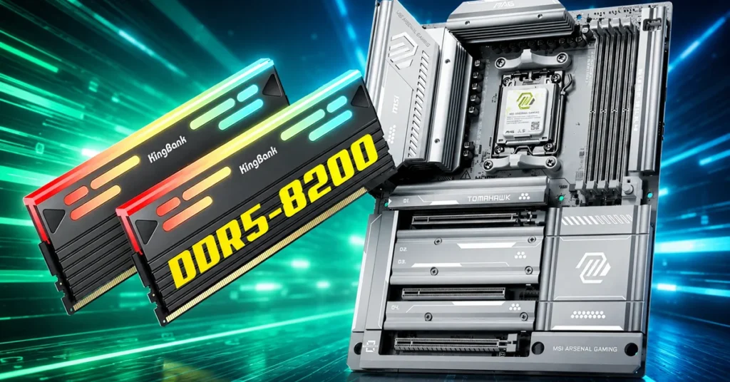 Memorias RAM DDR5-8200 de KingBook junto a una placa base AMD, mostrando características destacadas para gaming.