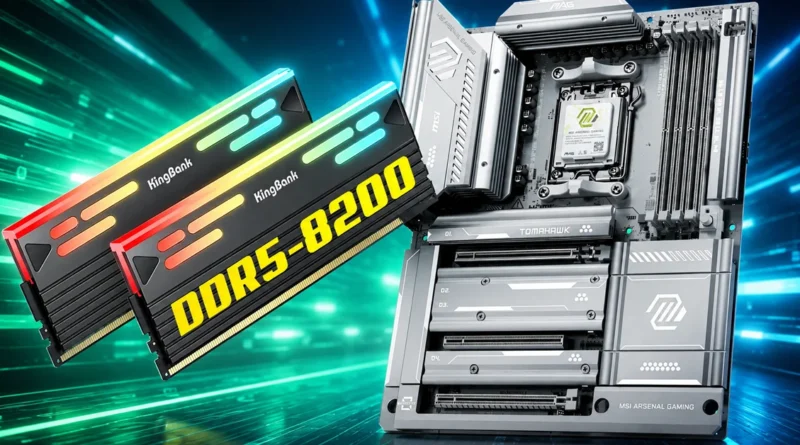 Memorias RAM DDR5-8200 de KingBook junto a una placa base AMD, mostrando características destacadas para gaming.