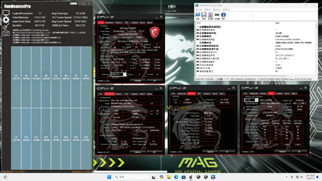 Interfaz de software CPU-Z mostrando detalles de hardware en varias ventanas, incluido información sobre componentes de una PC.