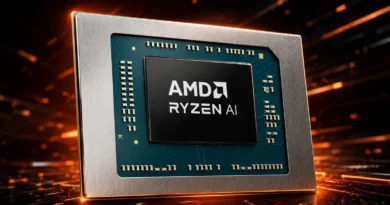 AMD Ryzen AI, procesador de próxima generación, destacado sobre un fondo futurista con efectos de brillo.