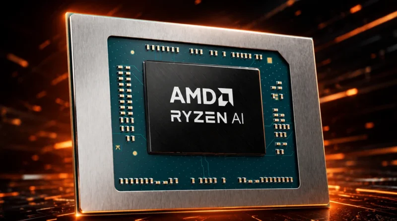 AMD Ryzen AI, procesador de próxima generación, destacado sobre un fondo futurista con efectos de brillo.