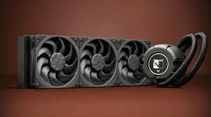 Refrigerador líquido NL-LC1 de Noctua en color negro, con tres ventiladores y un bloque de agua sobre fondo marrón.