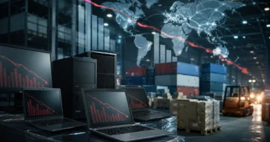 Mercado de PC en declive, con gráficas de caída y un fondo de almacén y contenedores de suministro.