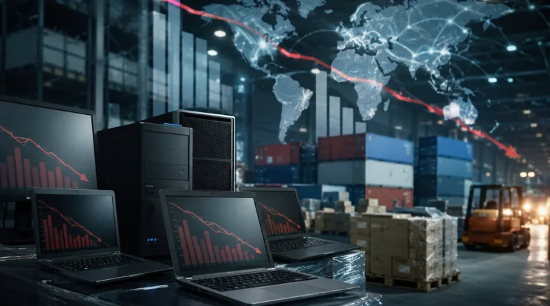 Mercado de PC en declive, con gráficas de caída y un fondo de almacén y contenedores de suministro.