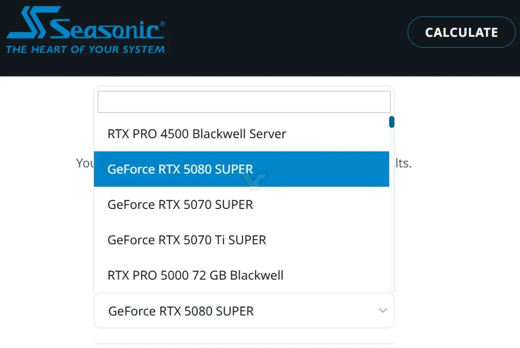 Menú desplegable de selección de GPU donde se destaca la opción "GeForce RTX 5080 SUPER" en un sitio de Seasonic.