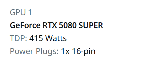 GeForce RTX 5080 SUPER, con TDP de 415 Watts y conector de alimentación de 1 x 16-pin.