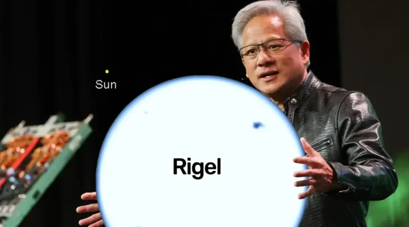 Jensen Huang presenta el núcleo Rigel de NVIDIA junto a una representación del Sol en un evento tecnológico.