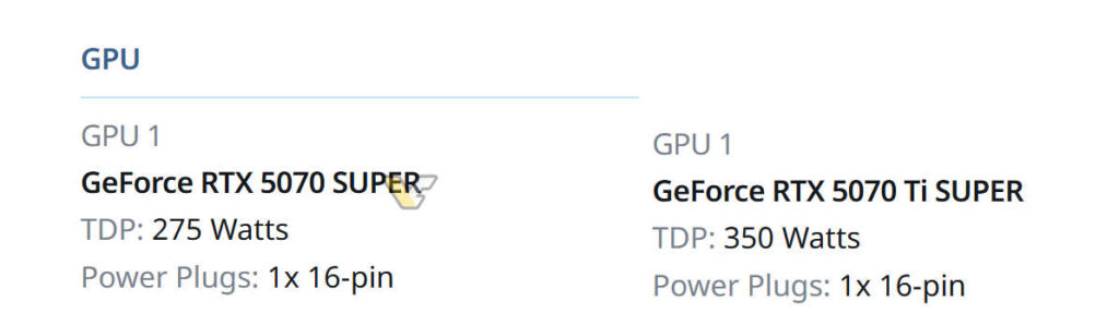 GeForce RTX 5070 SUPER y RTX 5070 Ti SUPER, especificaciones de TDP y conectores de energía.
