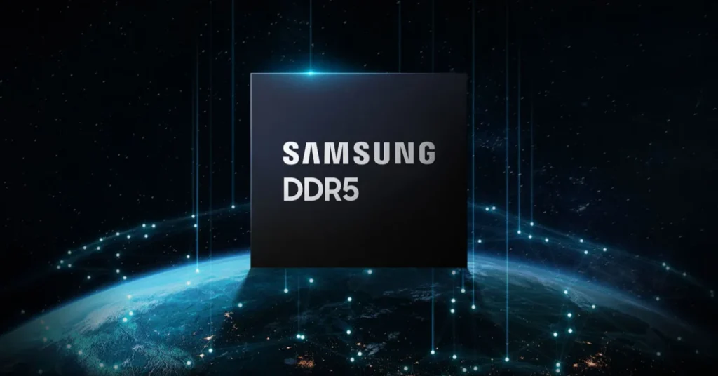 Samsung DDR5 sobre un fondo cósmico que representa el avance tecnológico en memoria RAM del mercado coreano.