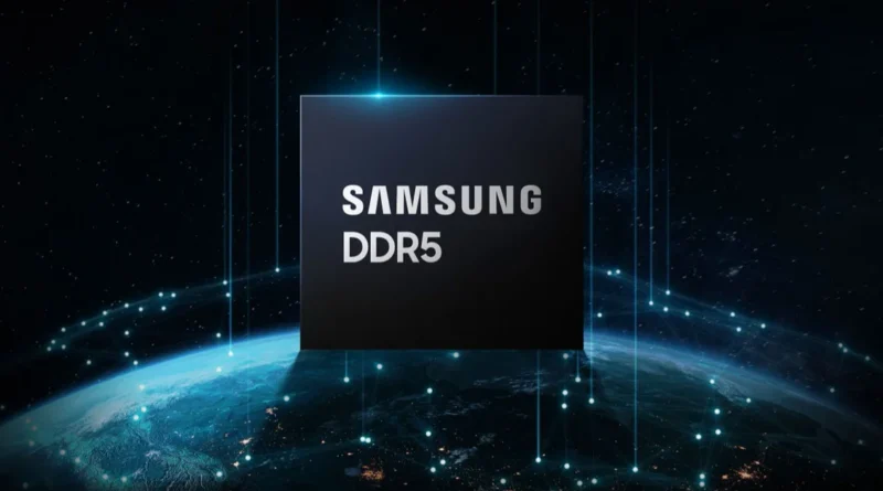 Samsung DDR5 sobre un fondo cósmico que representa el avance tecnológico en memoria RAM del mercado coreano.