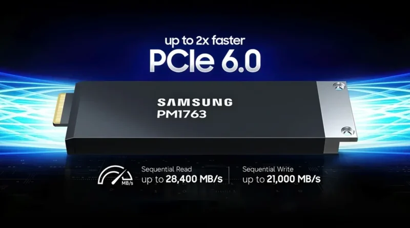 SSD Samsung PM1763 PCIe 6.0, con lecturas secuenciales de hasta 28,400 MB/s y escrituras de hasta 21,000 MB/s.