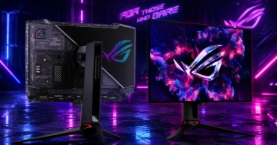 Monitor ROG Swift OLED Tandem RGB de ASUS, destacado en un entorno futurista con iluminación neón, diseñado para gamers.