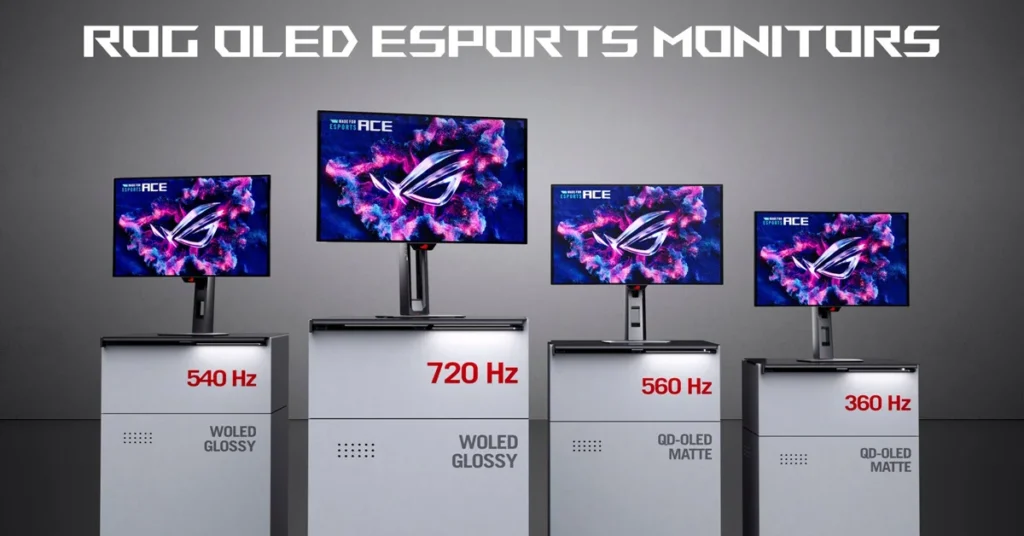 Monitores OLED para esports de ASUS ROG, con tasas de refresco de 360 Hz a 720 Hz, presentados en un entorno moderno.